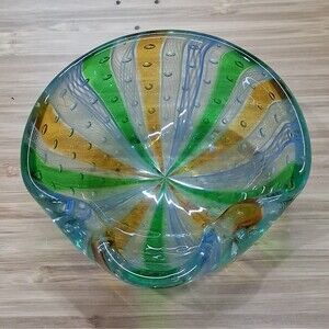 Vintage Murano Bullicante Controlled Bubble Art Glass Pinwheel Bowl 5.5 Inch